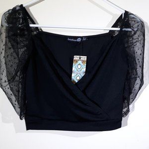 Black Wrap Crop Top with Lace Sleeves New w/ Tags